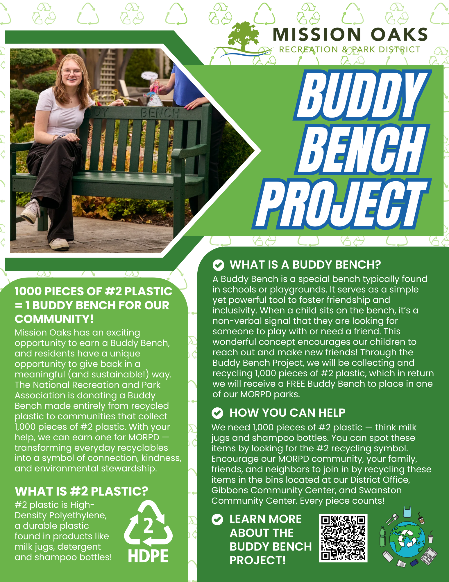 A flyer for the Buddy Bench Project by Mission Oaks Recreation & Park District, promoting recycling #2 plastic for community benches.