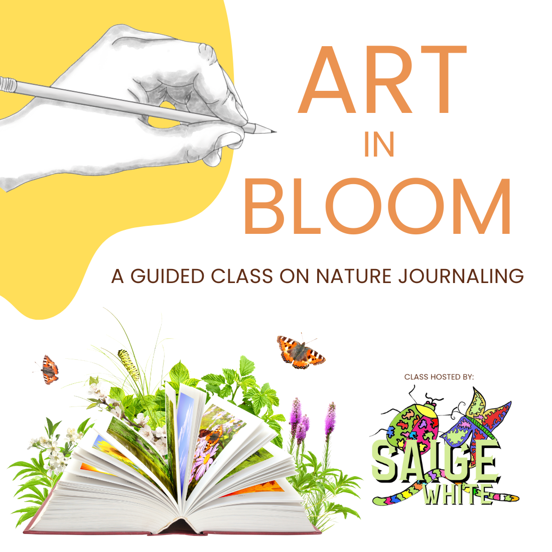Hand draws, "Art in Bloom" nature journaling class hosted by Saige White. Open book with plants and butterflies.