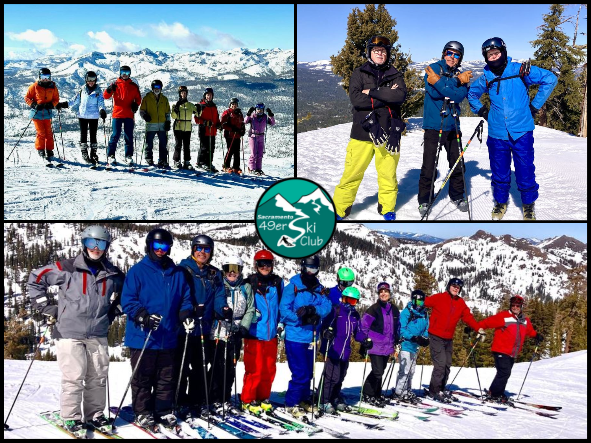 Skiers in a snowy mountain landscape, grouped in three photos with the Sacramento 49er Ski Club logo.