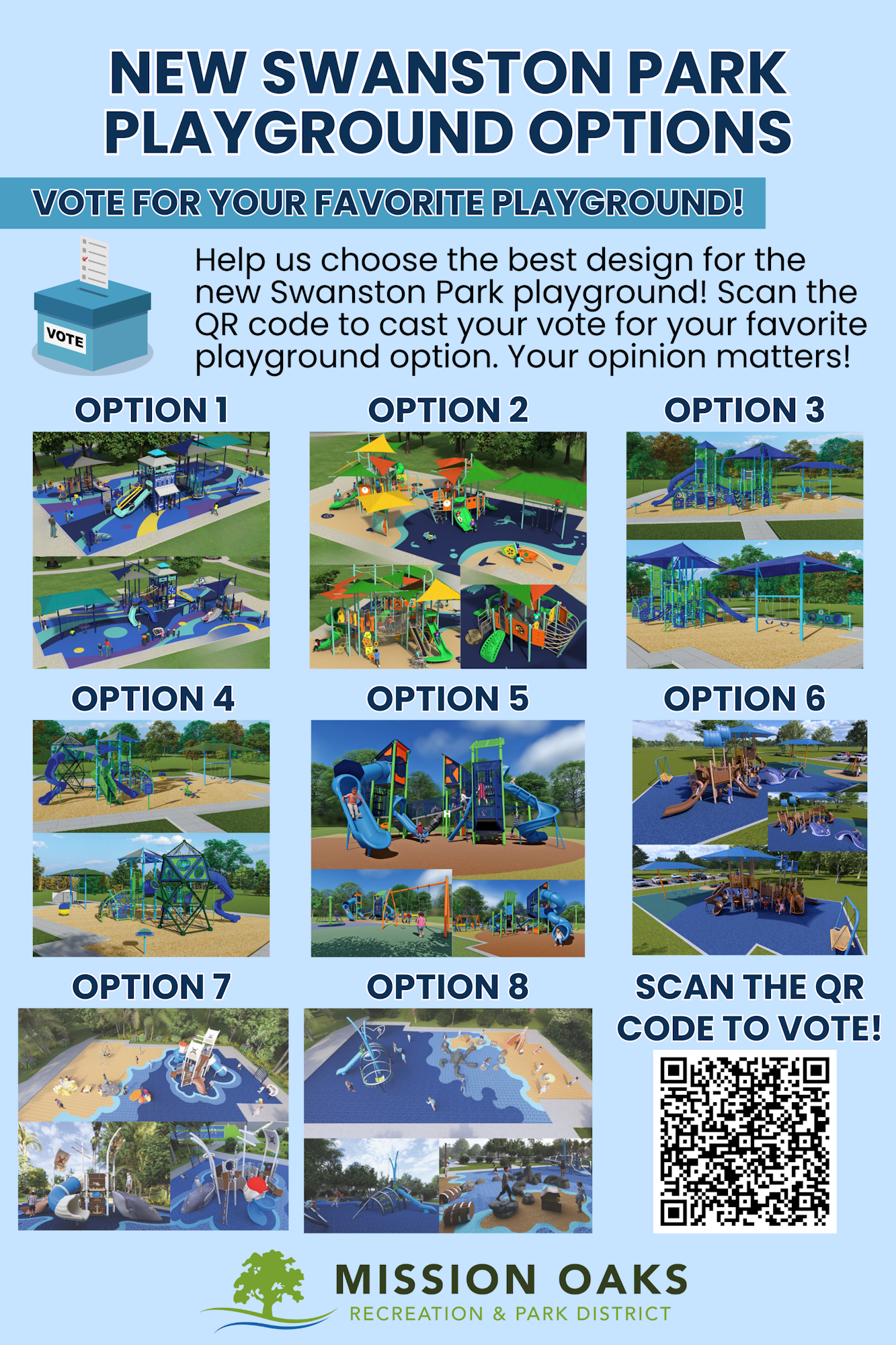 Options for New Swanston Park playground designs and a QR code for voting.