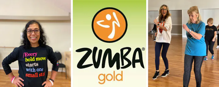 Images feature joyful participants in Zumba Gold classes, promoting fitness and fun through dance and movement.