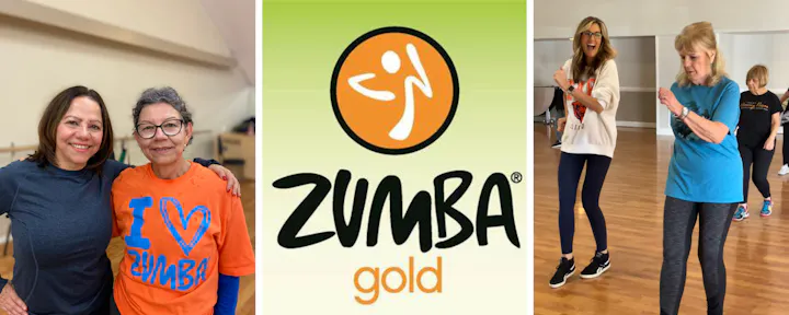 The image features people enjoying Zumba Gold classes, promoting fitness and community engagement through dance.