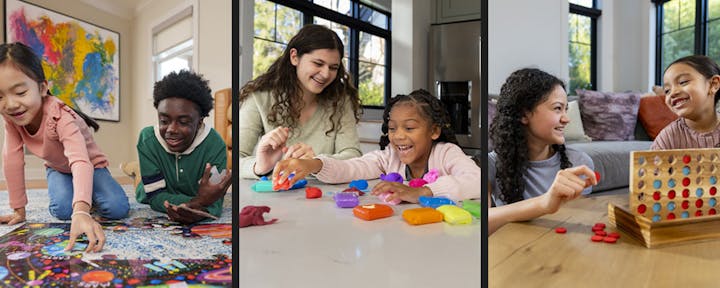 Children and teens are playing games and making crafts together, enjoying quality time in a bright, friendly environment.