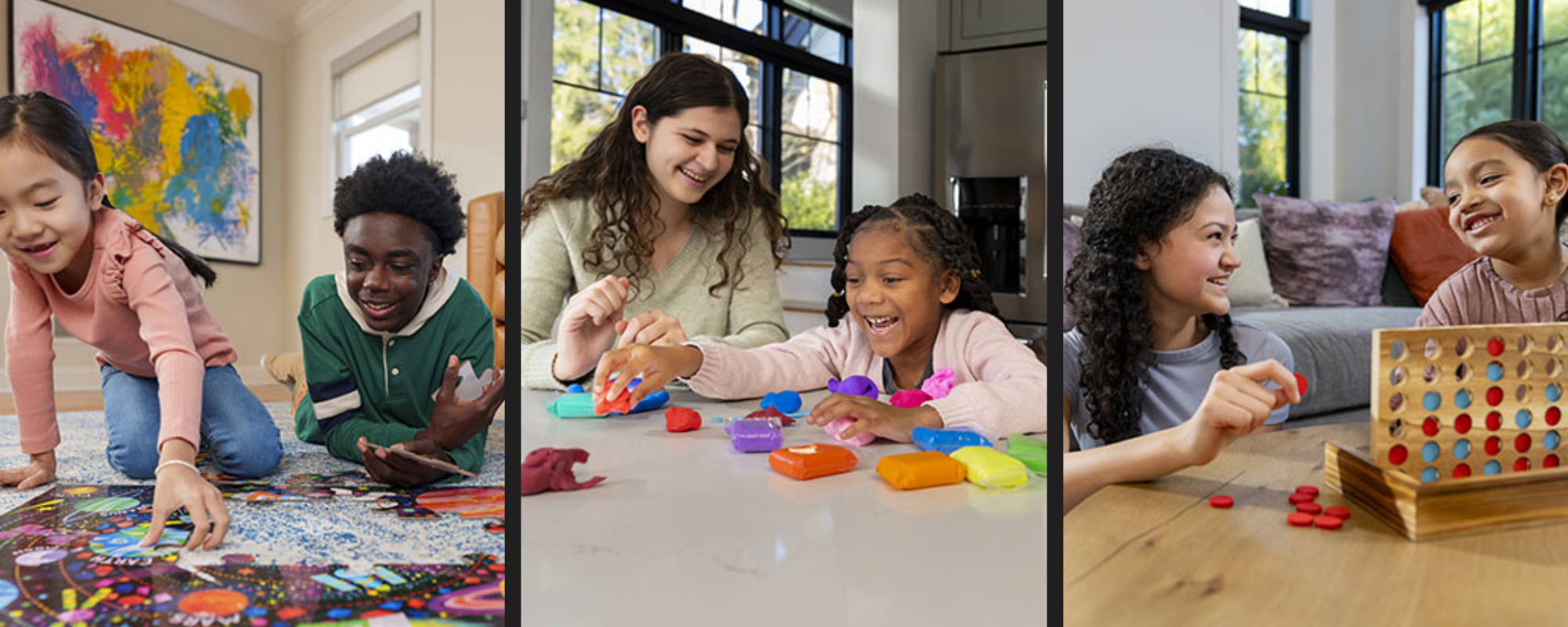 Children and teens are playing games and making crafts together, enjoying quality time in a bright, friendly environment.