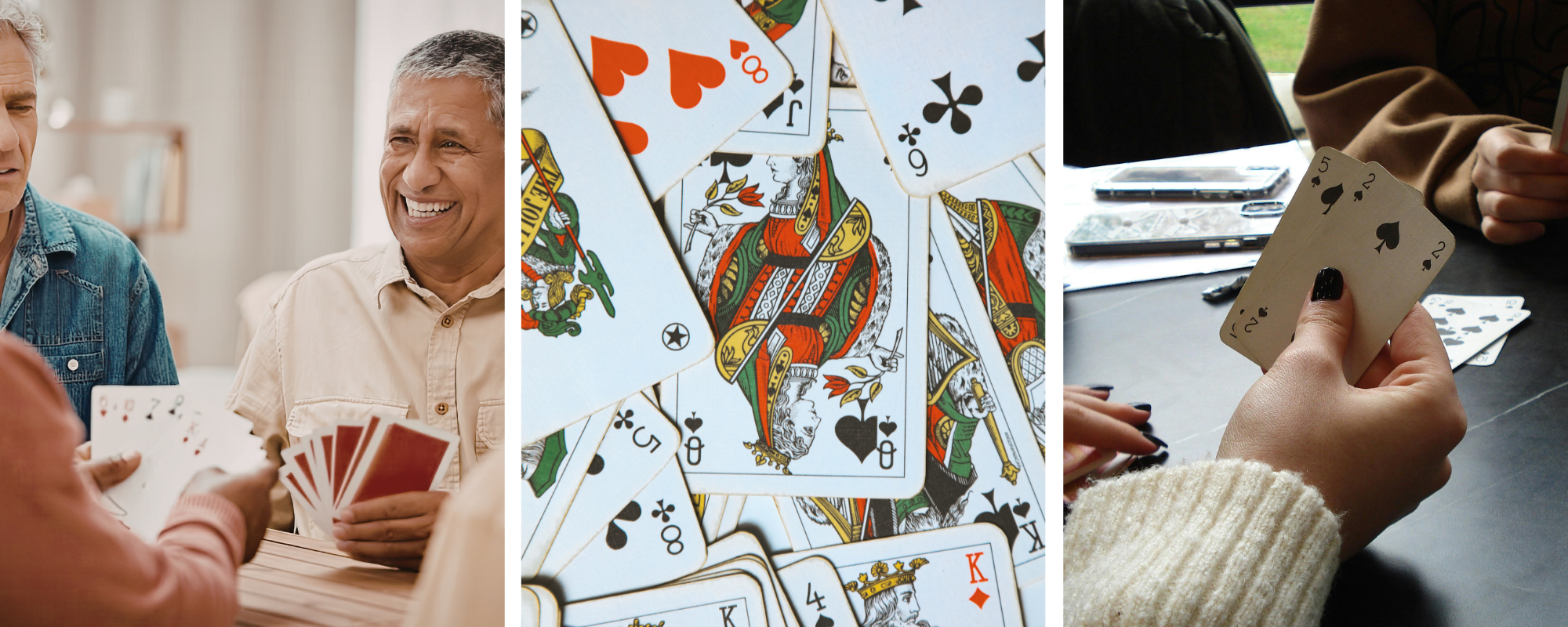 The image features people playing cards, a close-up of various playing cards, and hands holding cards in a social setting.