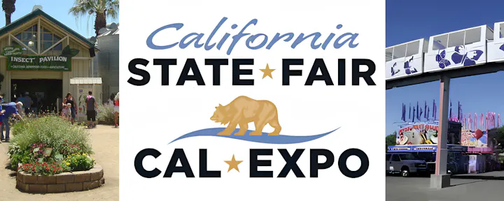 The image showcases California State Fair at Cal Expo, featuring the Insect Pavilion and vibrant attractions.