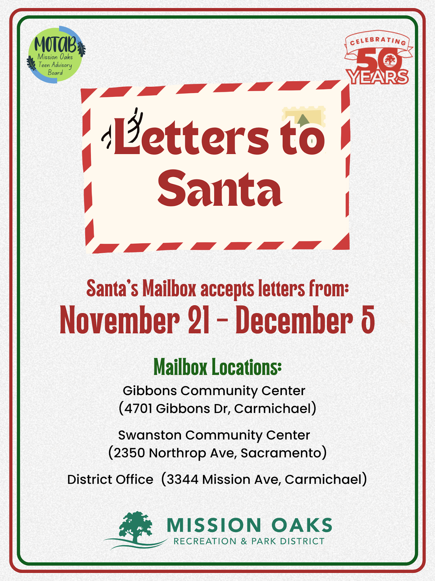 Event to send letters to Santa from November 21 to December 5 at specified mailbox locations in Carmichael and Sacramento.