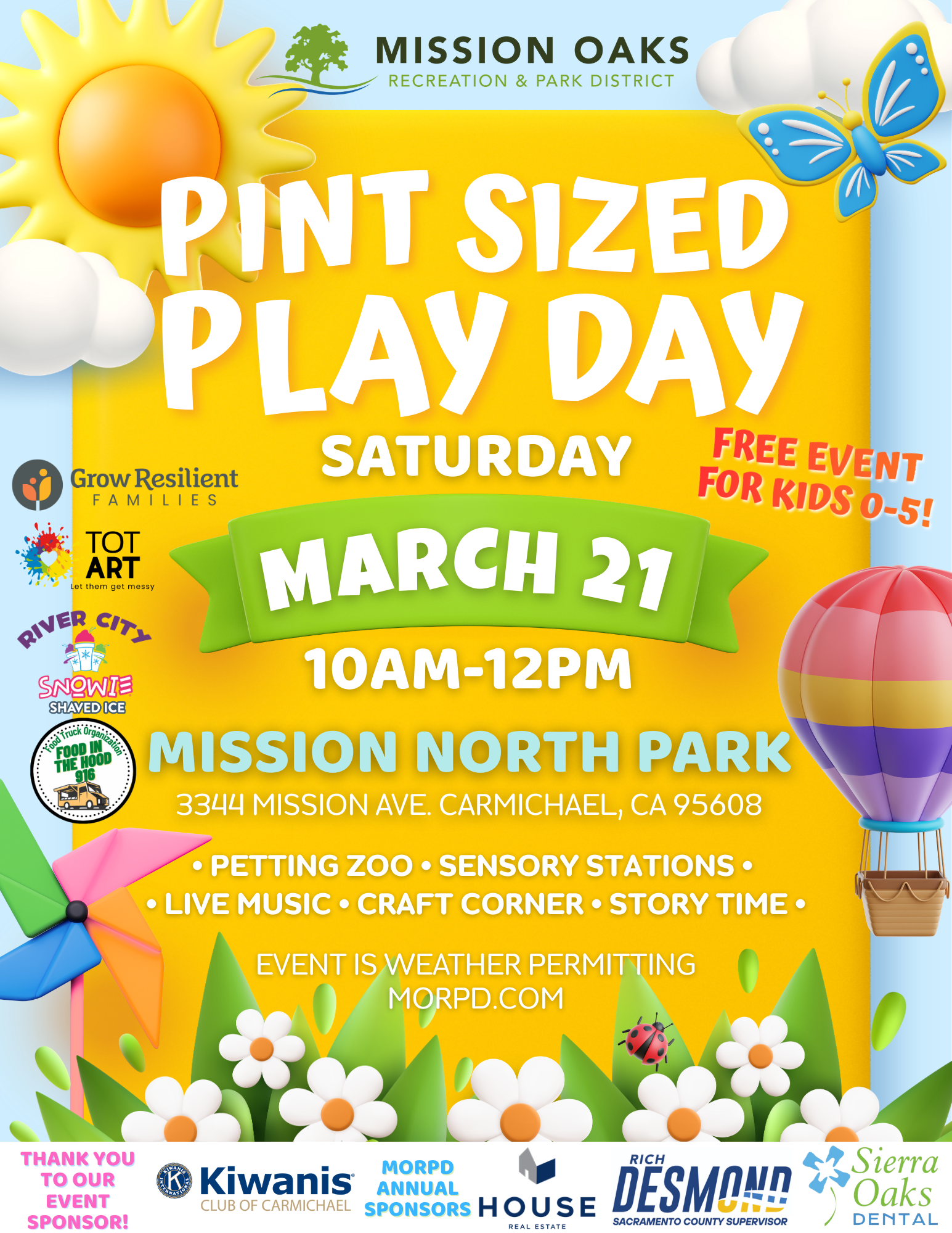 Free "Pint Sized Play Day" for kids 0-5 on March 21, 10 AM-12 PM at Mission North Park. Features games, music, and more!