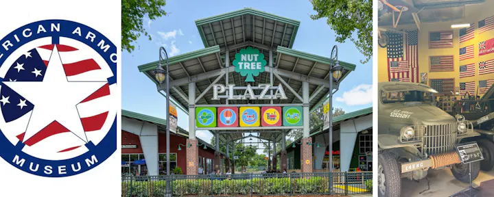 The image features Nut Tree Plaza, a shopping area, alongside the American Armor Museum showcasing military vehicles and flags.