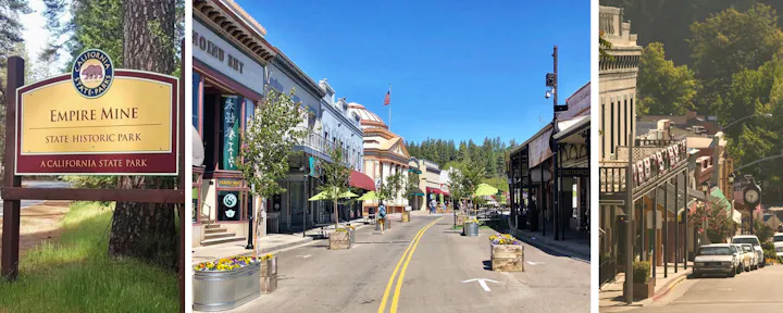 Images of Empire Mine State Historic Park and a quaint street scene featuring shops, greenery, and decorative planters.