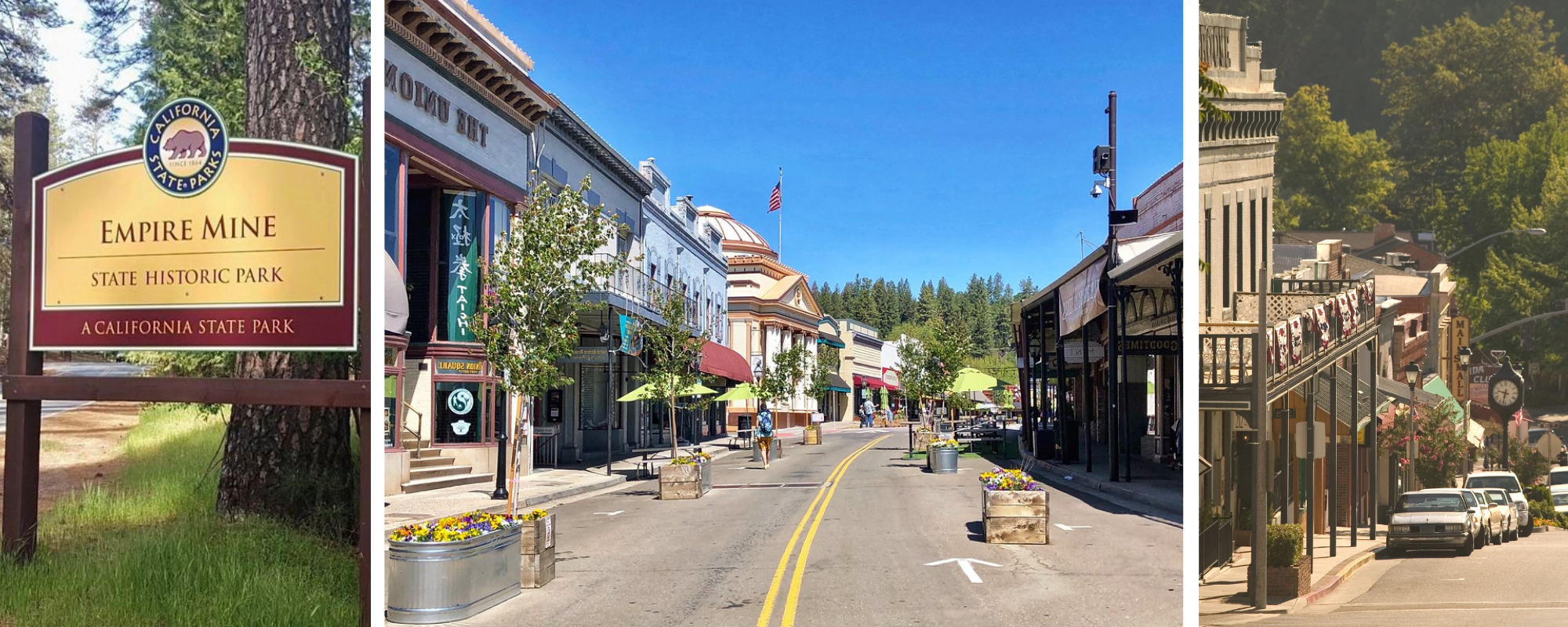 Images of Empire Mine State Historic Park and a quaint street scene featuring shops, greenery, and decorative planters.