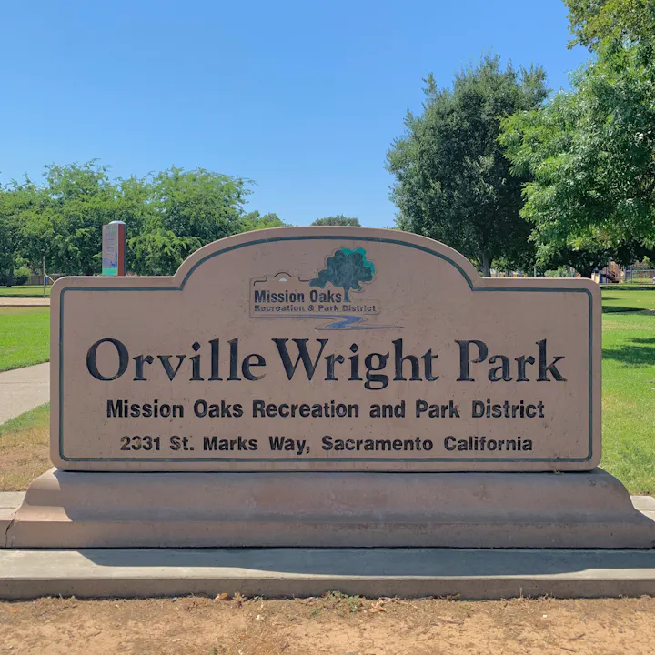 Sign for Orville Wright Park, part of Mission Oaks Recreation and Park District, located at 2331 St. Marks Way, Sacramento, CA.