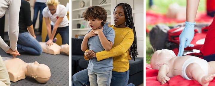 The image shows CPR training, a child learning the Heimlich maneuver, and first aid on a baby mannequin.
