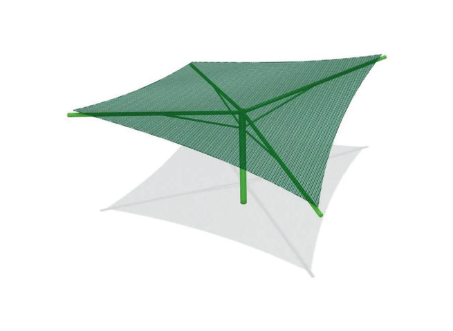 A green shade sail structure with a geometric design and supporting poles, casting a shadow on the ground.