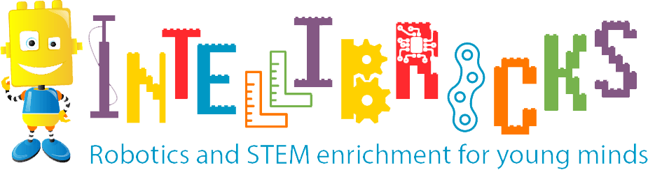 Logo promoting "IntelliBricks," focused on robotics and STEM education for children, featuring colorful letters and a cartoon character.