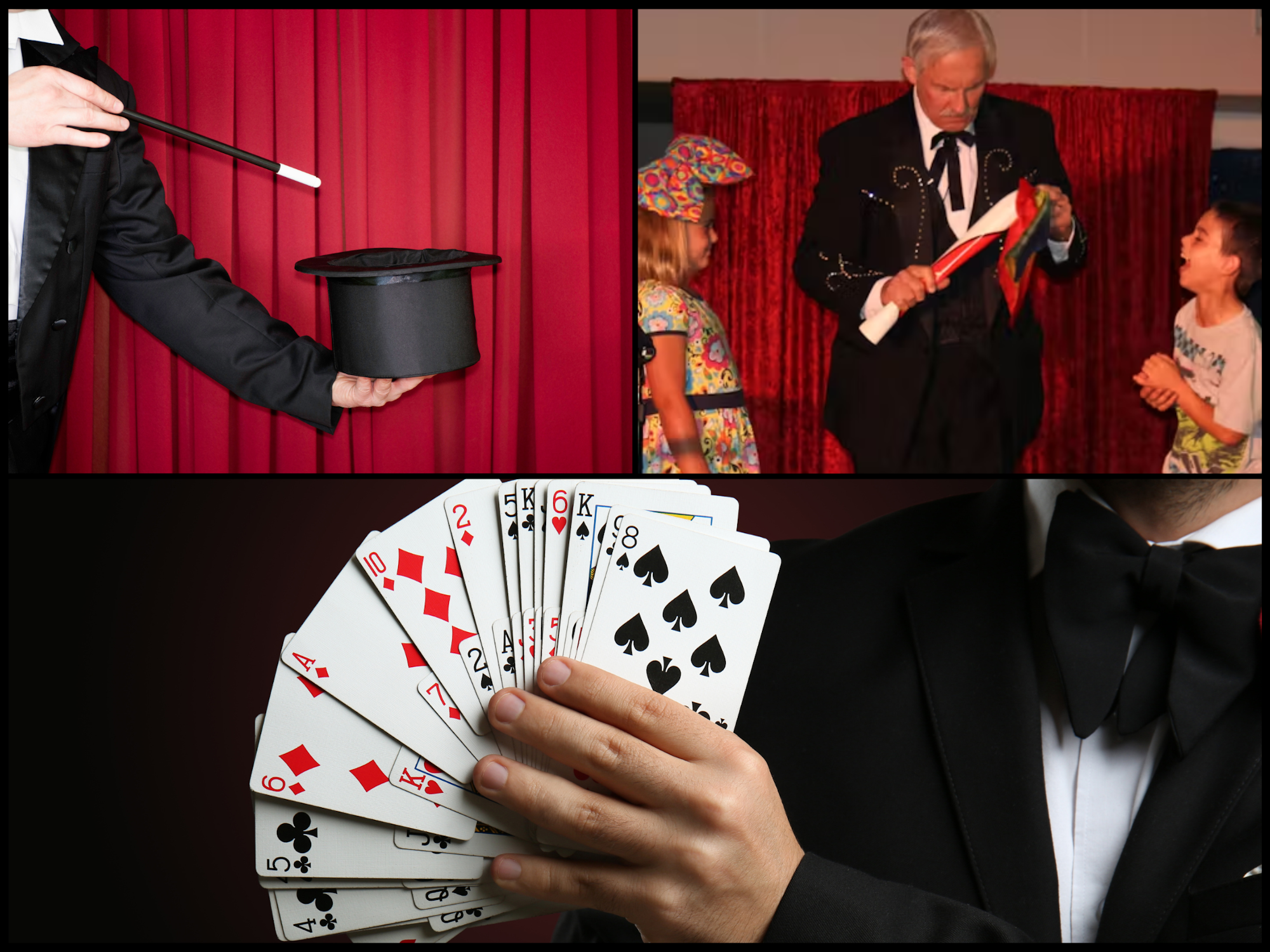 Magician performing with a hat, wand, cards, and kids on stage.