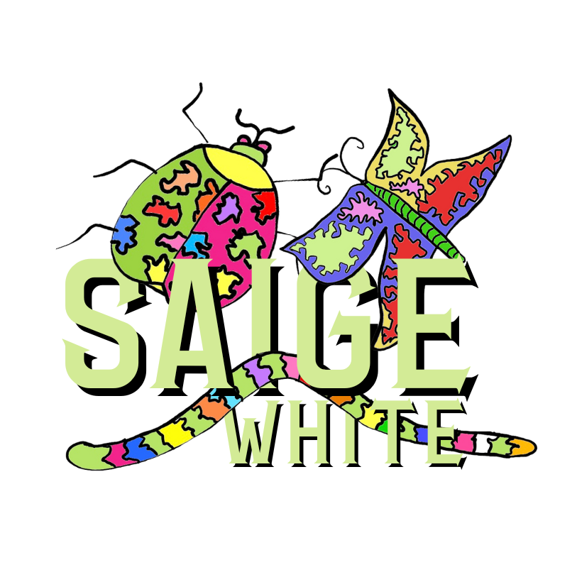 Colorful beetle and butterfly illustration with "SAIGE WHITE" text.