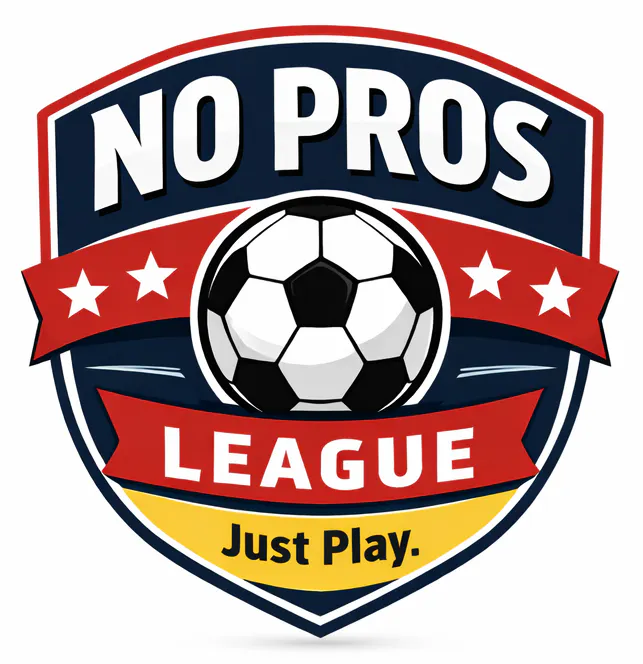 A logo for "No Pros League," featuring a soccer ball, stars, and the slogan "Just Play." Emphasizes fun and amateur play.