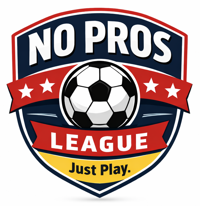 A logo for "No Pros League," featuring a soccer ball, stars, and the slogan "Just Play." Emphasizes fun and amateur play.