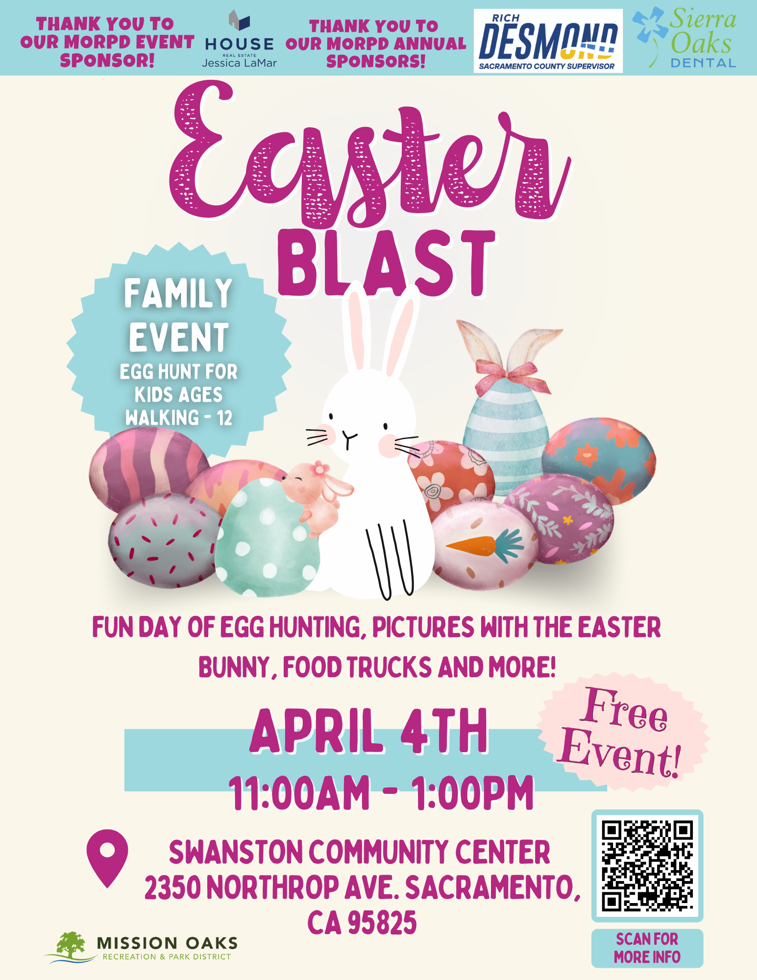 Easter Blast on April 4th, 11 AM-1 PM at Swanston Community Center. Fun egg hunt, pics with the Easter Bunny, food trucks! Free!