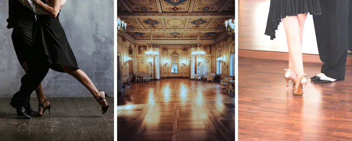 The image collage features couples dancing, an elegant ballroom, and close-ups of shoes, showcasing the art of dance in a refined setting.
