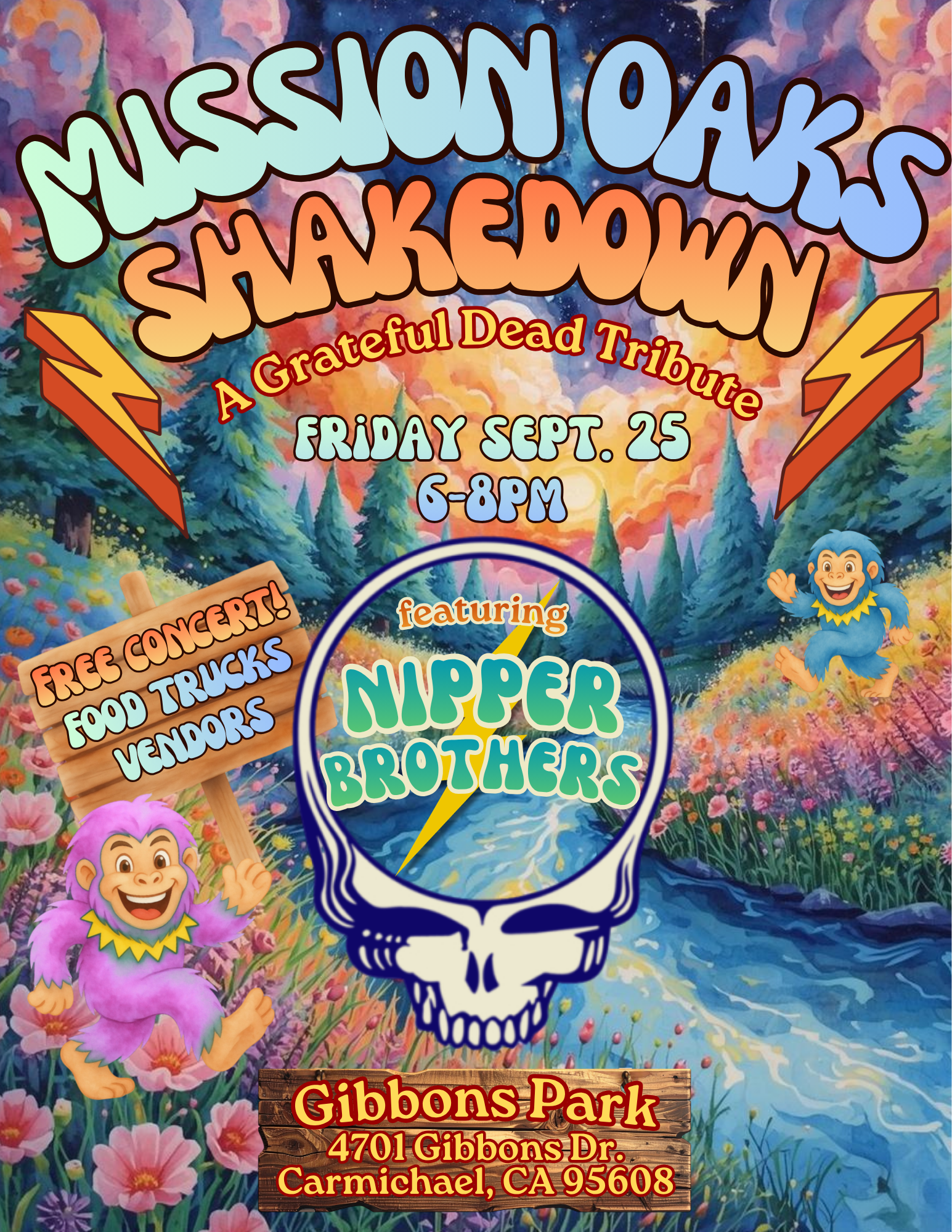 Event poster for "Mission Oaks Shakedown," a Grateful Dead tribute concert featuring Nipper Brothers on Sept. 25, 6-8 PM at Gibbons Park. Free entry, food trucks, and vendors!