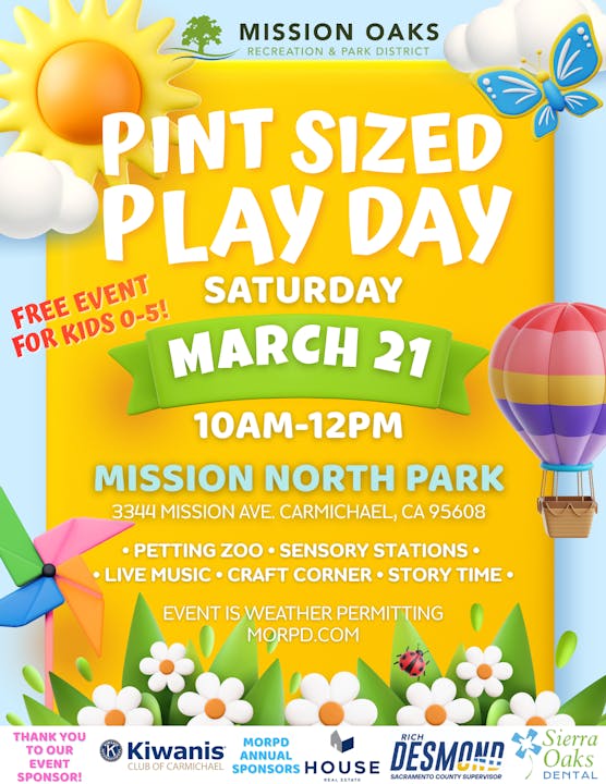 Free event for kids 0-5 on March 21, 10 AM-12 PM at Mission North Park. Activities include a petting zoo, live music, and crafts.