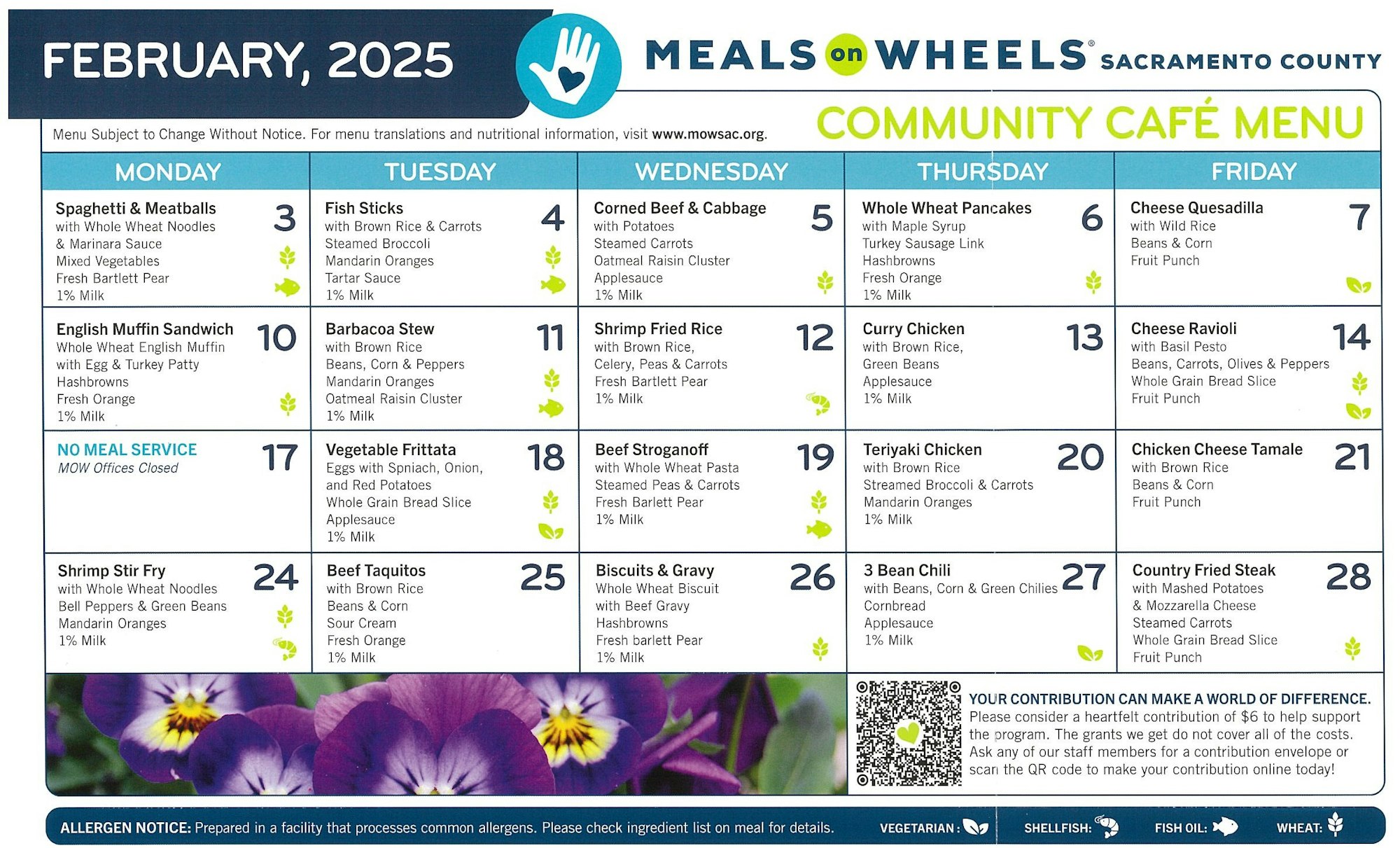 February 2025 Meals on Wheels menu, Sacramento County, featuring various daily meal items like spaghetti, fish sticks, and curry chicken.