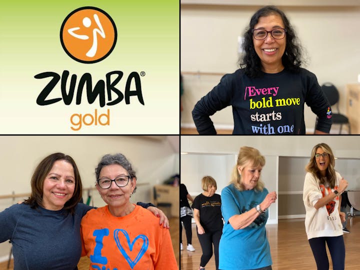 Zumba Gold class with smiling participants and a logo.