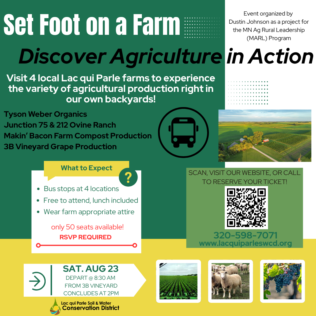 Experience diverse farming at Lac qui Parle farms, bus tour on Aug 23. Free, lunch included. RSVP required, 50 seats.
