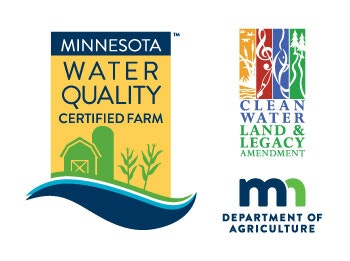 Minnesota Water Quality Certified Farm, Clean Water Land & Legacy Amendment, and Department of Agriculture logos.