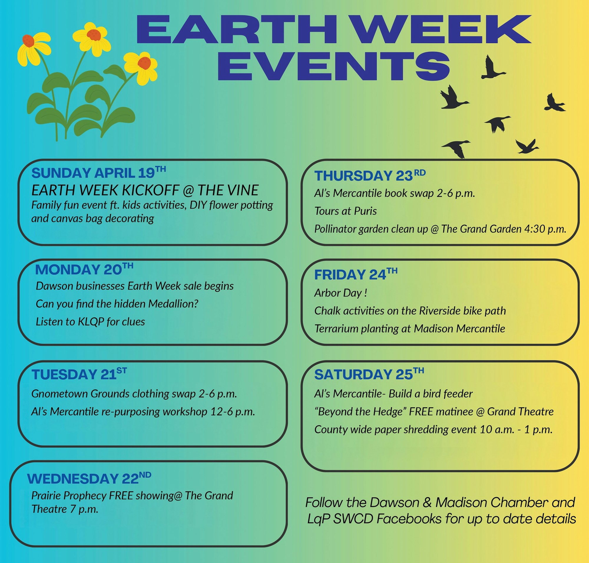 Schedule of Earth Week events from April 19-25, featuring activities like workshops, clean-ups, and community fun.