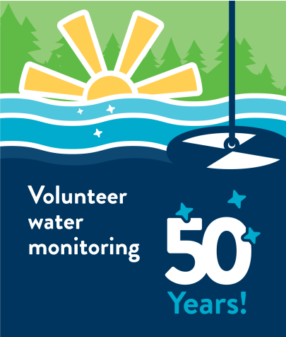 The image celebrates 50 years of volunteer water monitoring, featuring a sun, water, and a monitoring device.