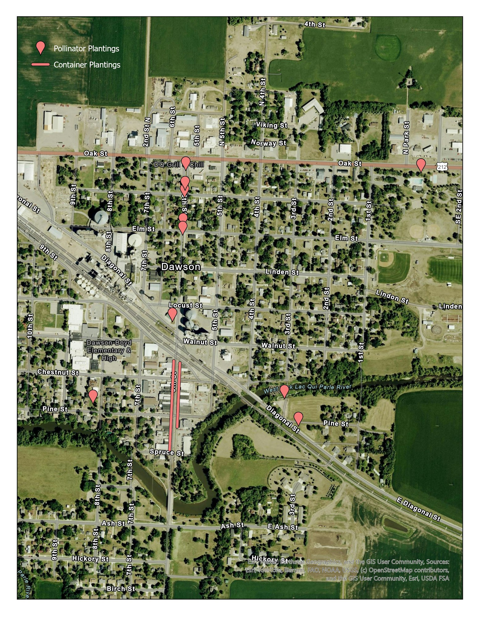 A map of Dawson showing pollinator and container plantings marked with icons and lines.