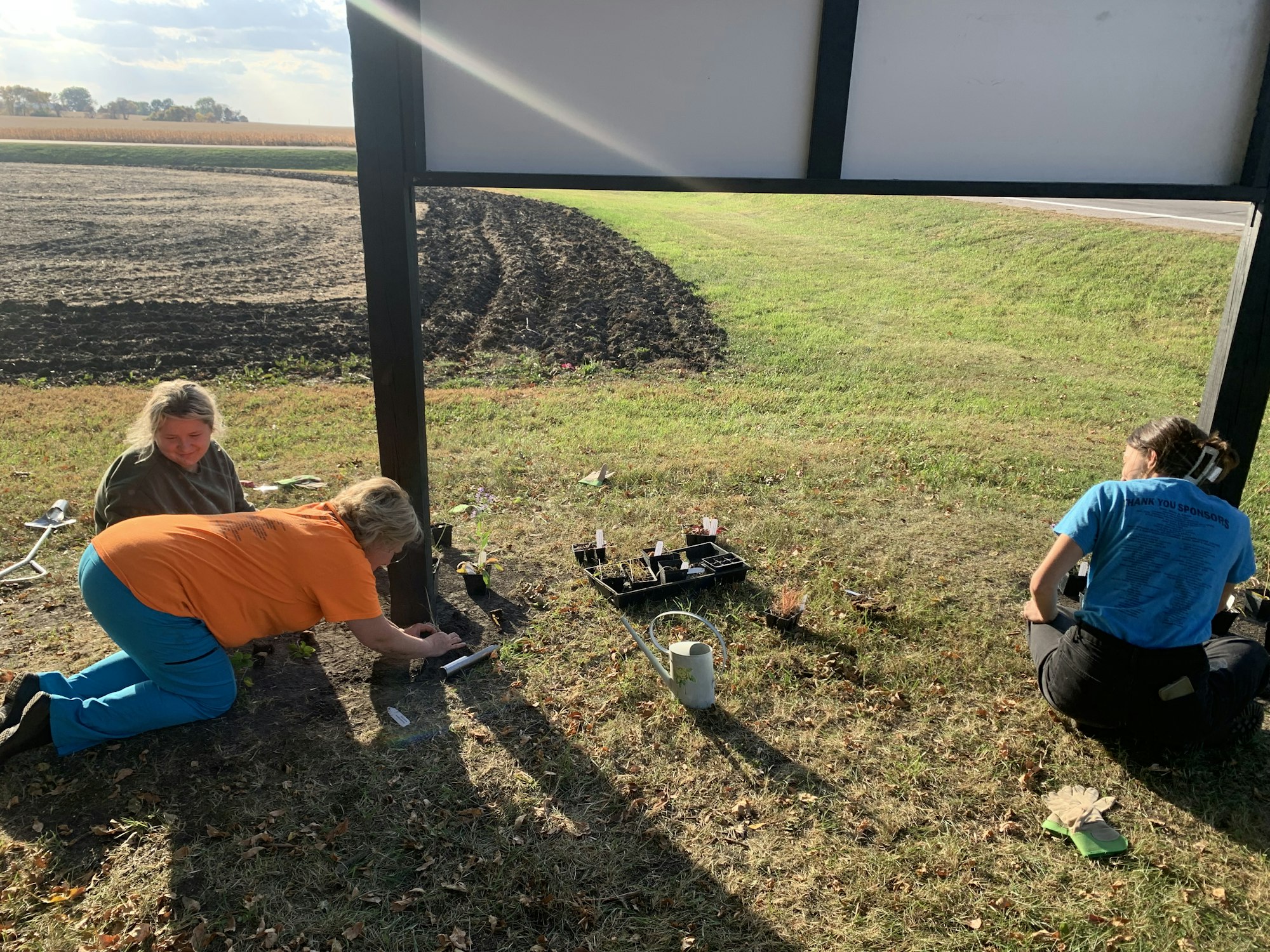 Three people kneeling on grass planting flowers next to a sign, with a field and clear sky in the background.