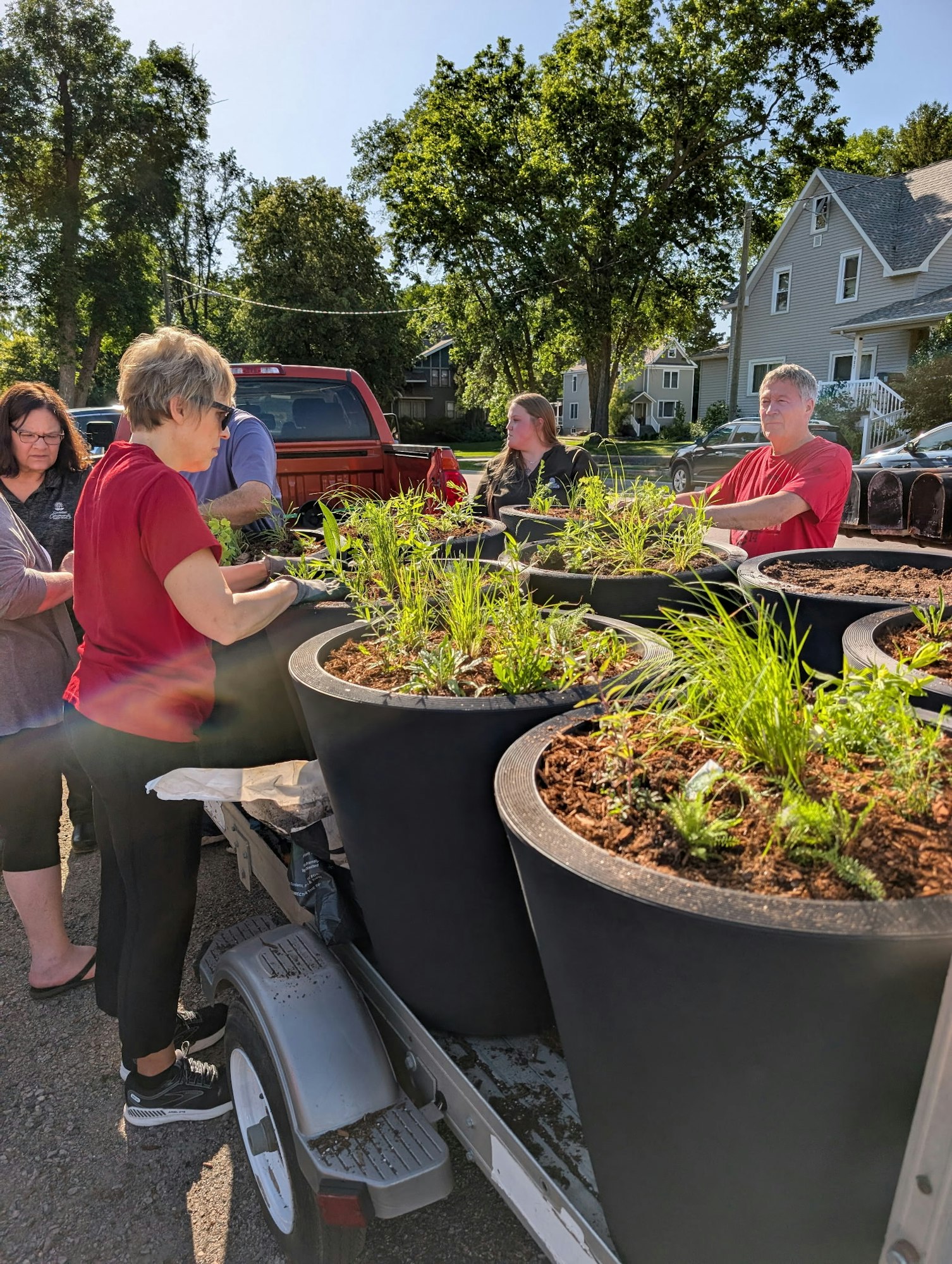 People gathered around large planters with soil and greenery outside, near vehicles and houses.