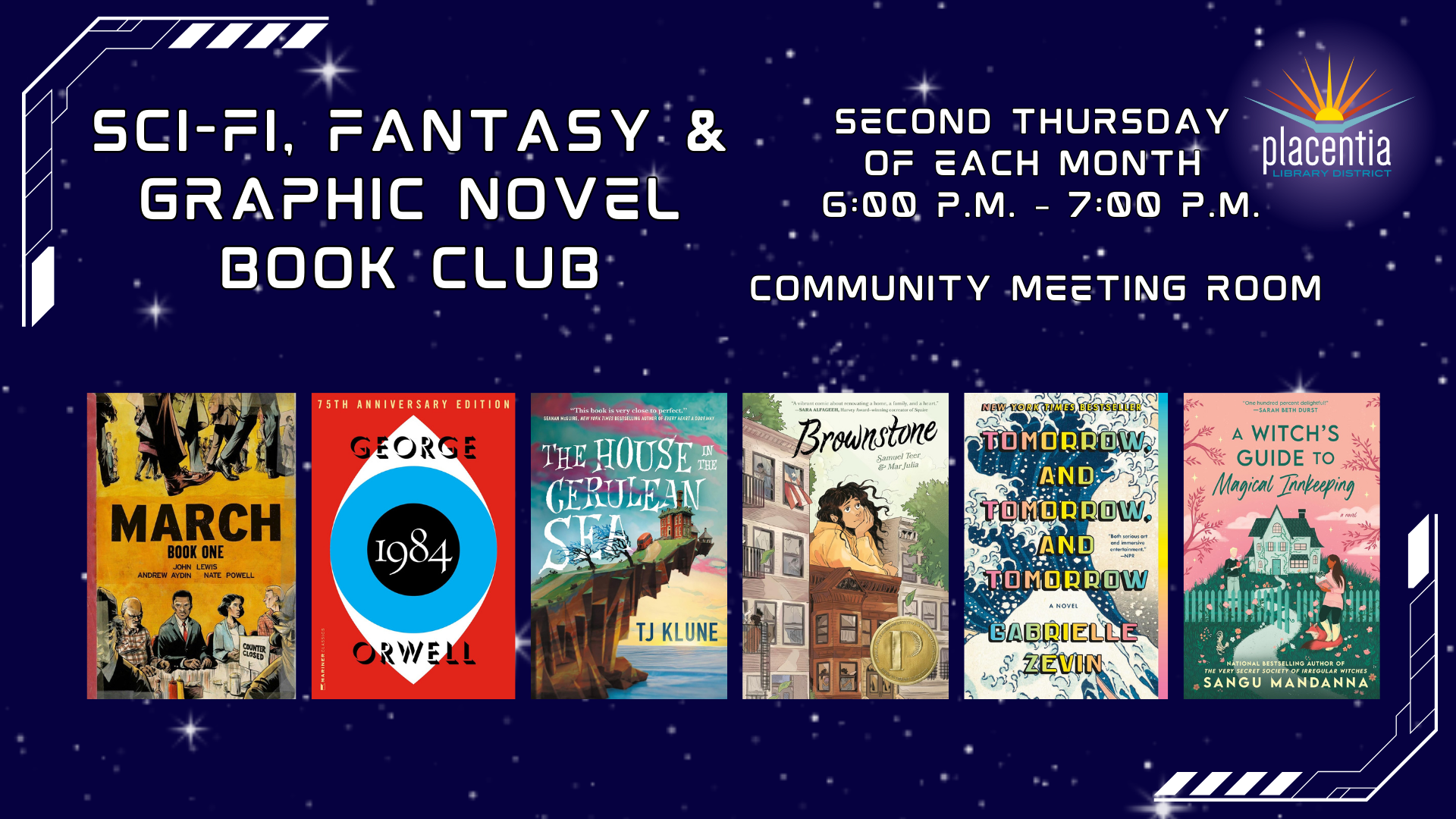 Sci-Fi, Fantasy & Graphic Novel Book Club meets second Thursday monthly, 6-7 PM, Community Meeting Room. Various book covers shown.
