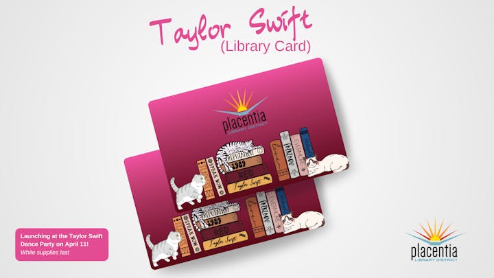 A themed library card with book spines labeled with Taylor Swift's album titles, cats, and a promotional event date.