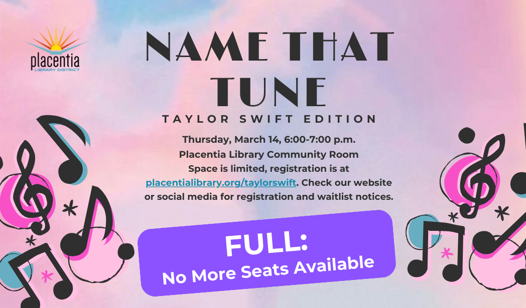 Event flyer for a "Name That Tune: Taylor Swift Edition", indicating the event is full with no more seats available.