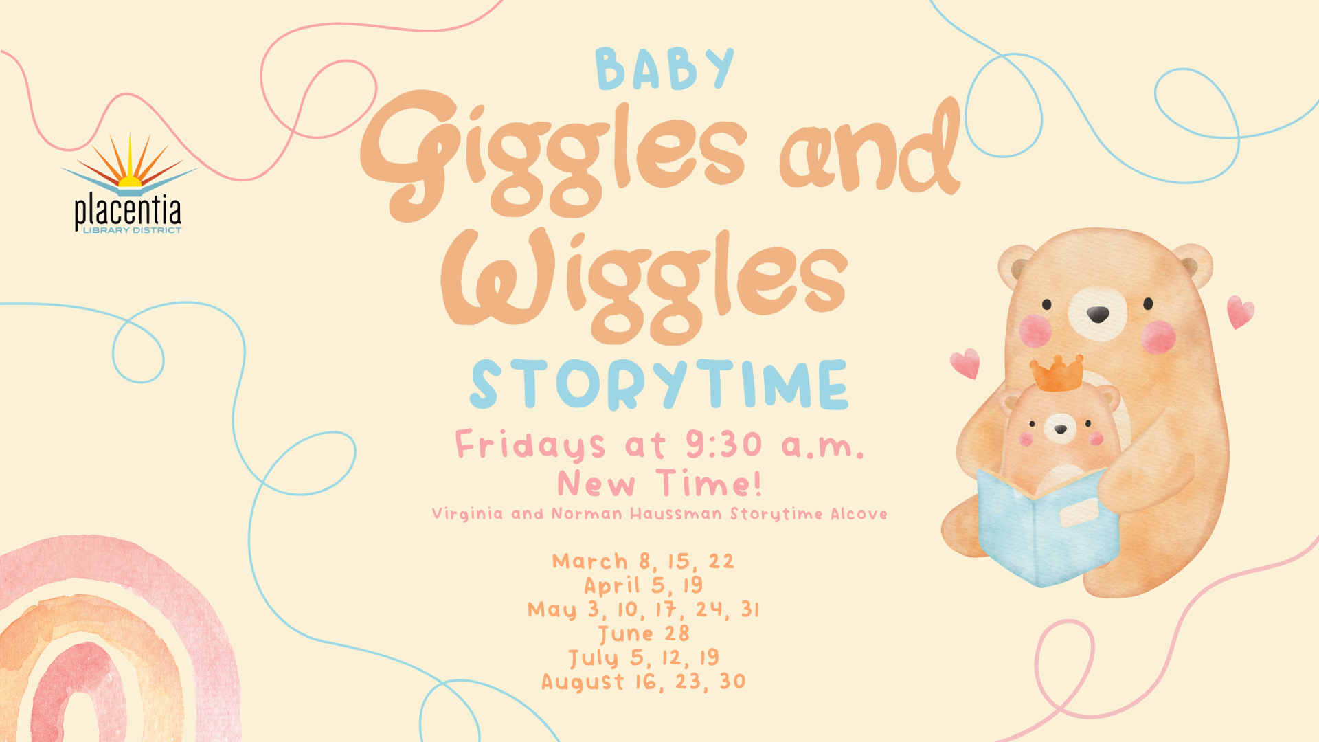 An advertisement for "Baby Giggles and Wiggles Storytime" at Placentia Library featuring bear illustrations and event dates.