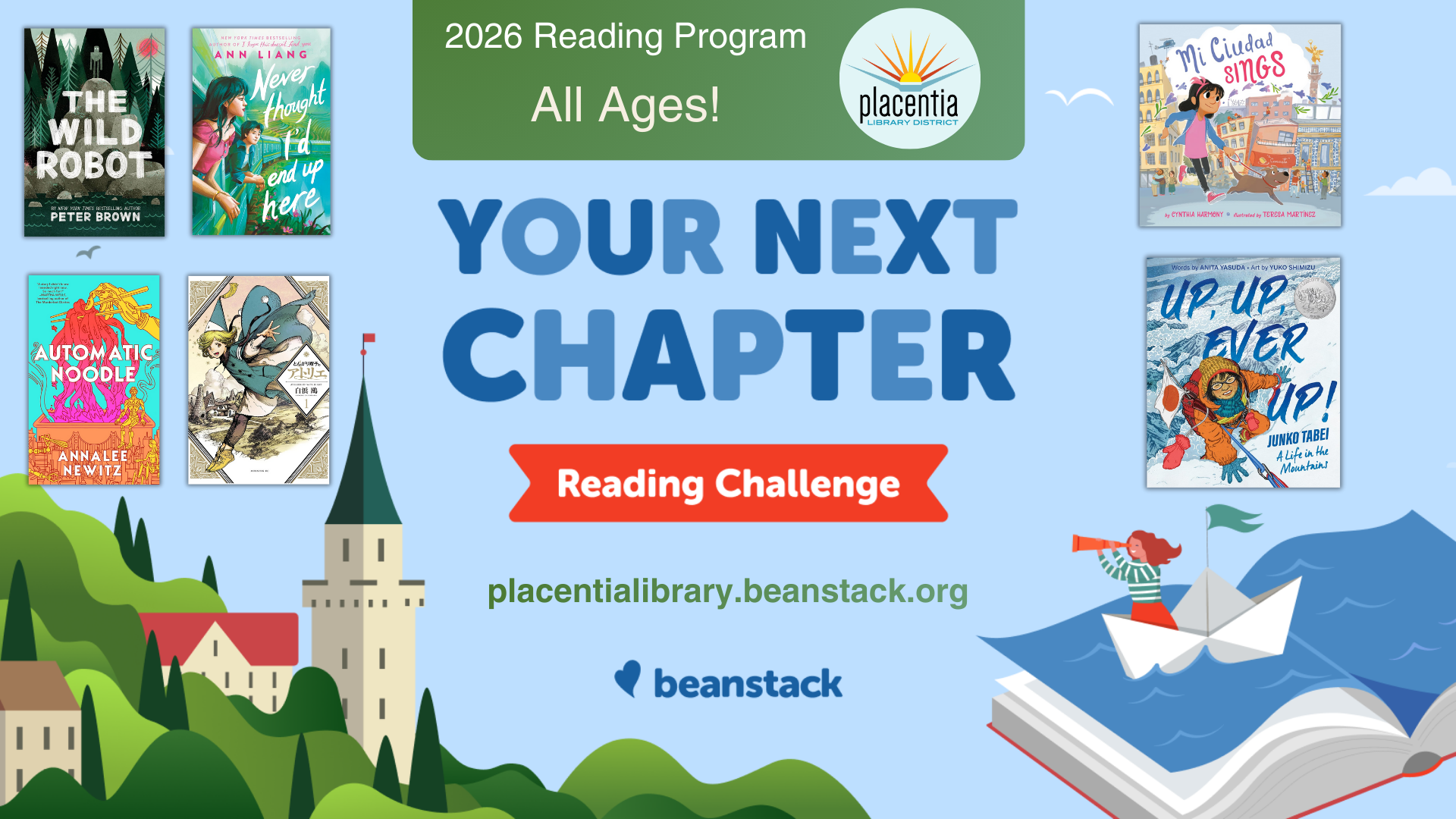 Promotional graphic for Placentia Library’s 2026 Reading Challenge featuring diverse book titles for all ages.