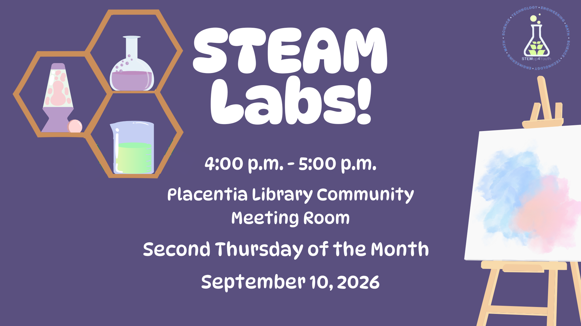 The image promotes "STEAM Labs!" at Placenta Library on September 10, 2026, from 4:00-5:00 PM, every second Thursday.