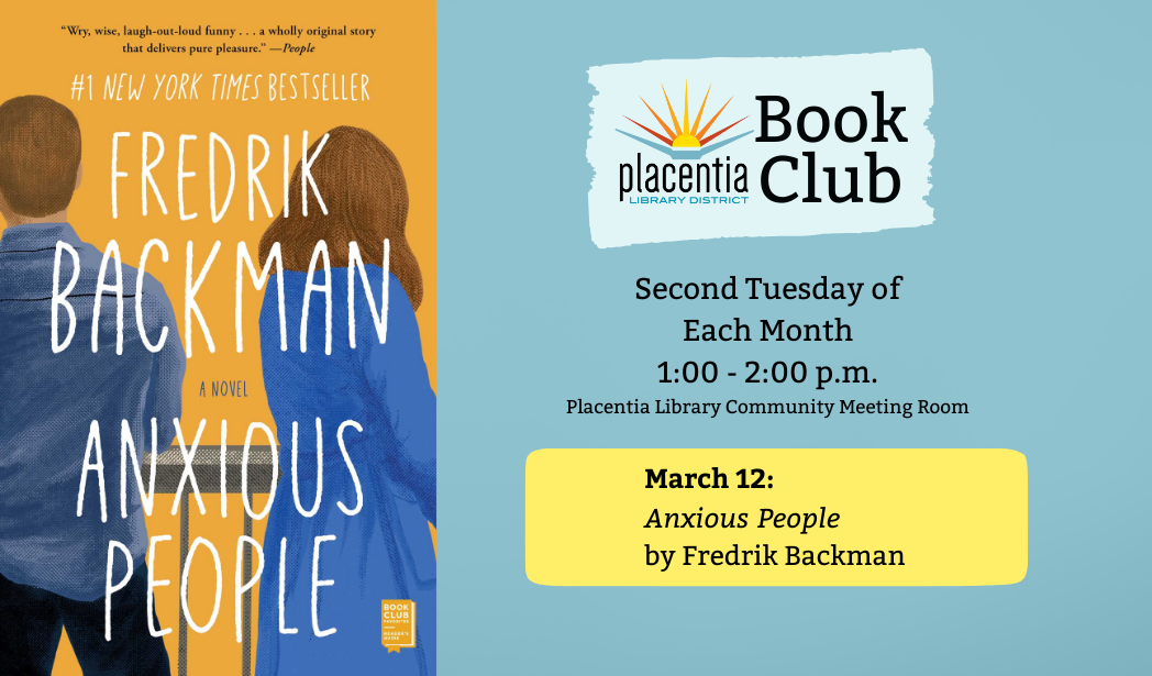 An announcement for a book club meeting to discuss "Anxious People" by Fredrik Backman on March 12.