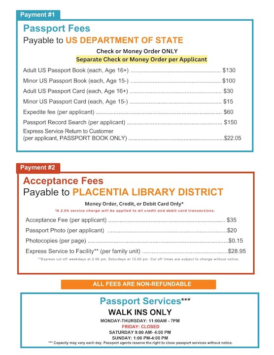 The image lists passport fees and acceptance fees, detailing costs and payment methods for the U.S. Department of State and Placenta Library.