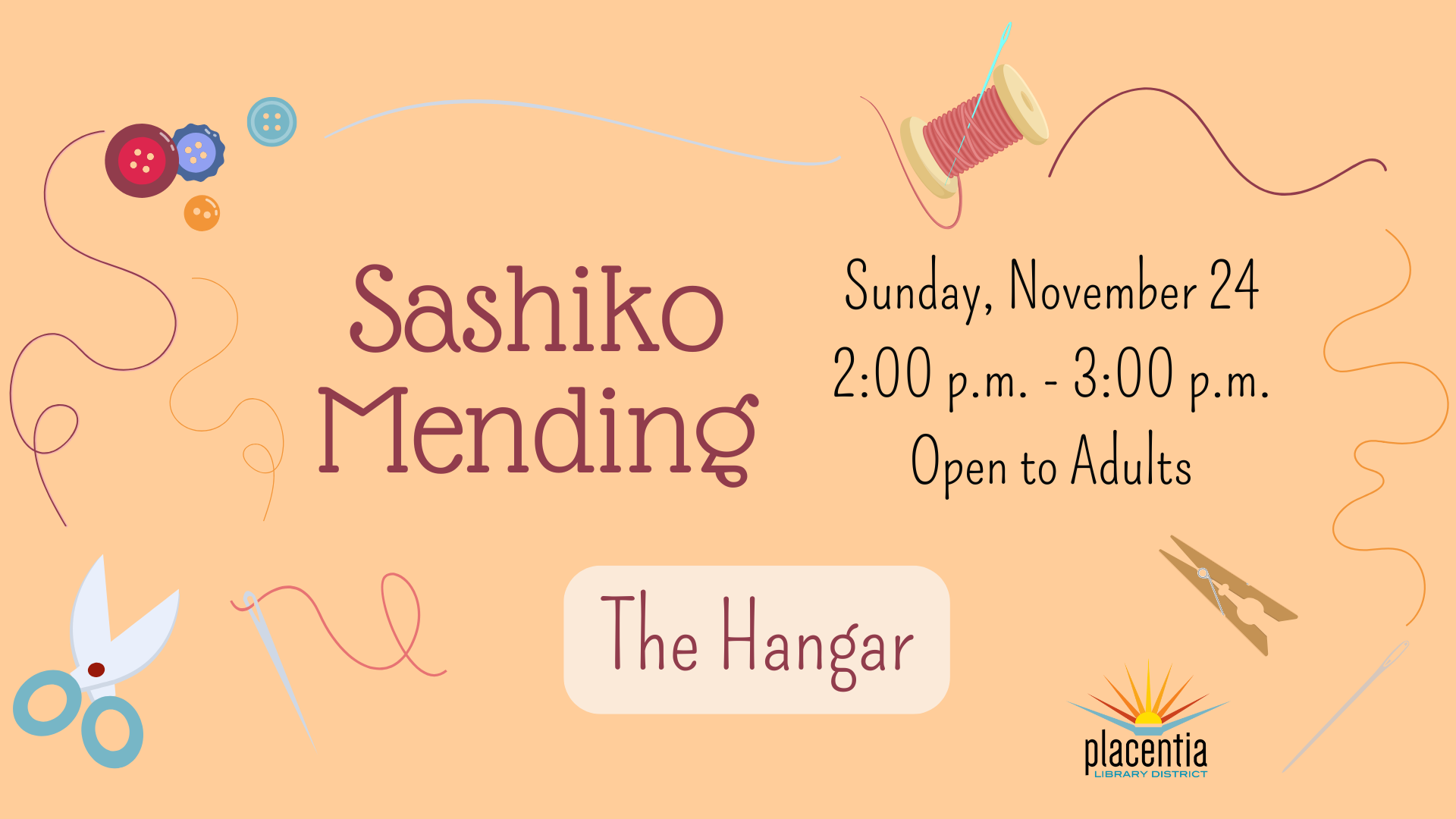 A flyer for a "Sashiko Mending" event for adults on Sunday, November 24 from 2-3 PM at The Hangar, with sewing elements.