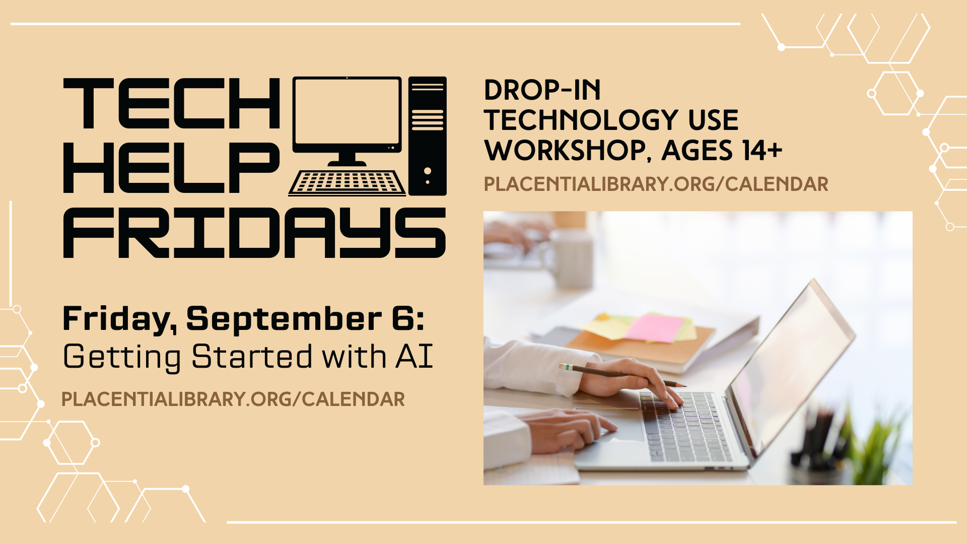Promotional flyer for a "Tech Help Fridays" event focused on AI, with a laptop and notepads visible.