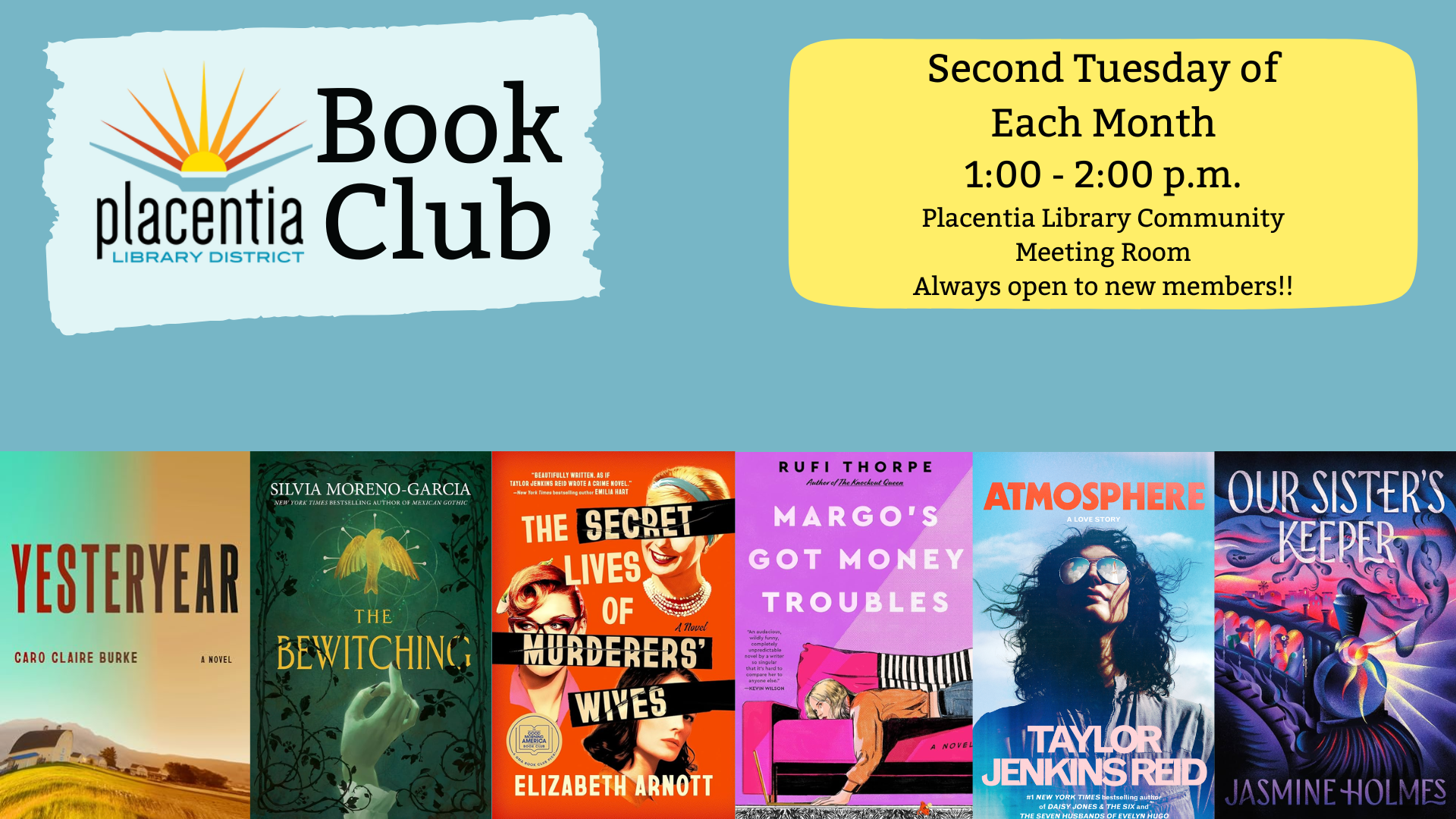 Placencia Library's Book Club meets monthly on the second Tuesday from 1-2 PM. Open to new members! Features highlighted books.