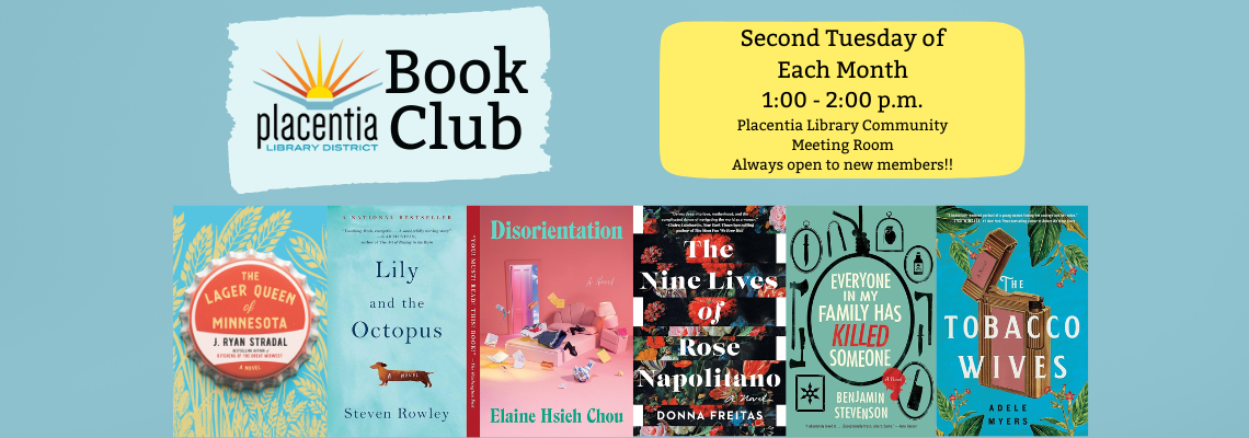 An ad for a book club with book covers, meeting times, and an invitation for new members.