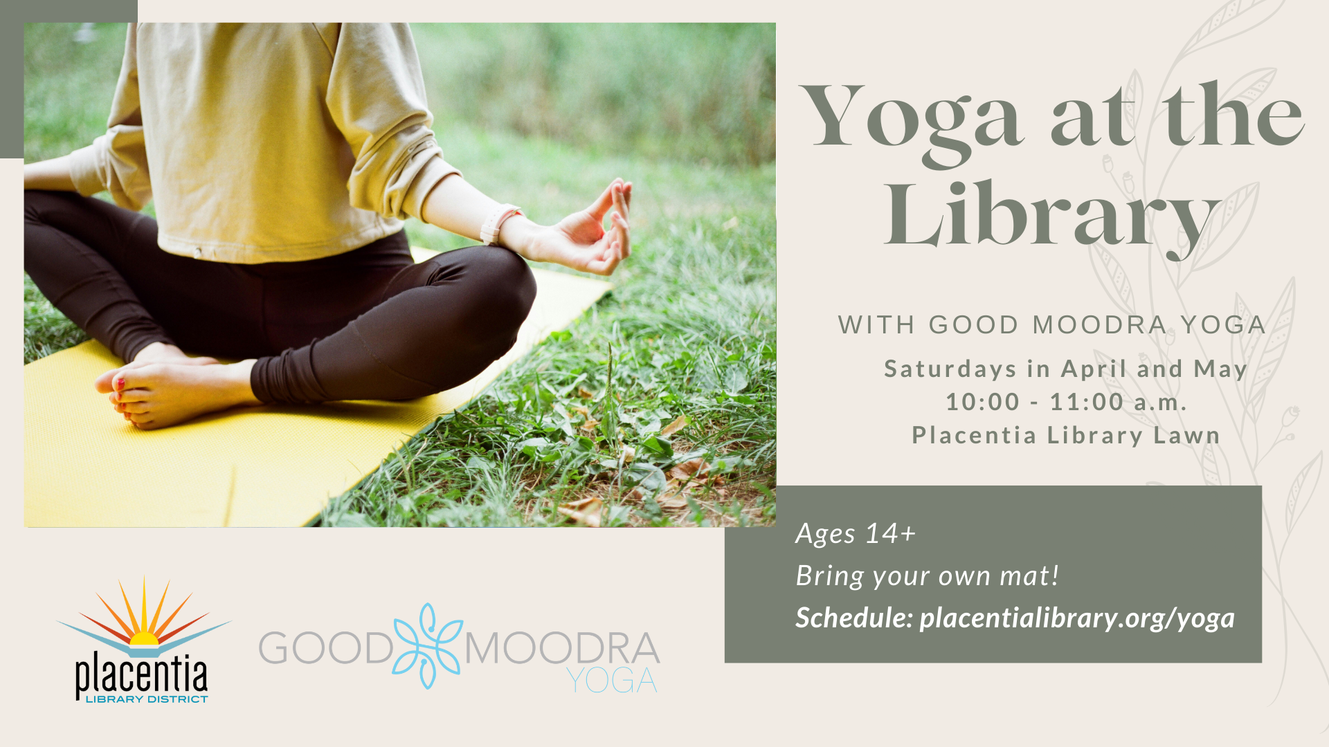 Promotional image for "Yoga at the Library" with session details and a person meditating on a yoga mat.