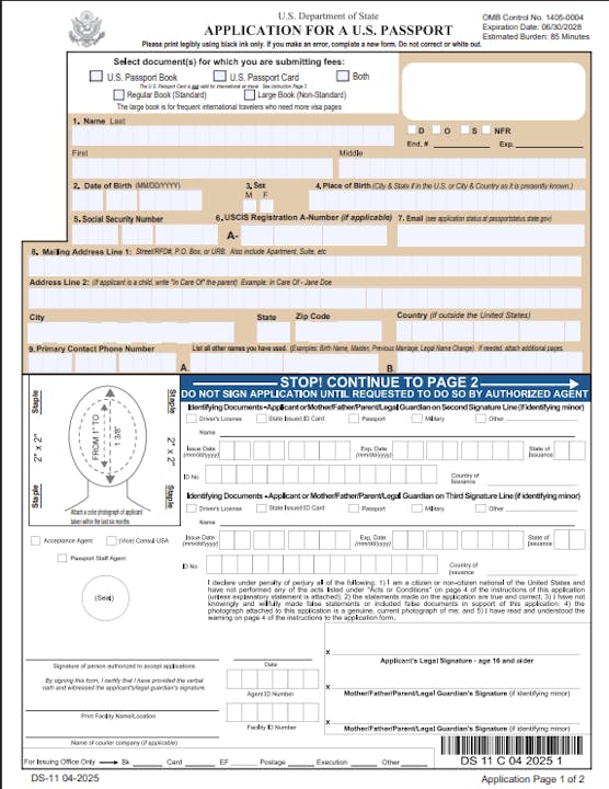 U.S. Passport application form with fields for personal information and instructions for authorized agents.